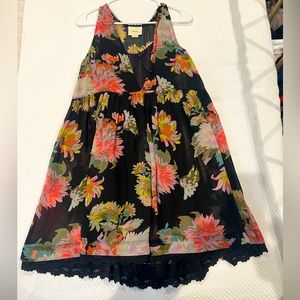 Maeve Floral Chiffon Mini Dress Tunic Black Slipdress - Small